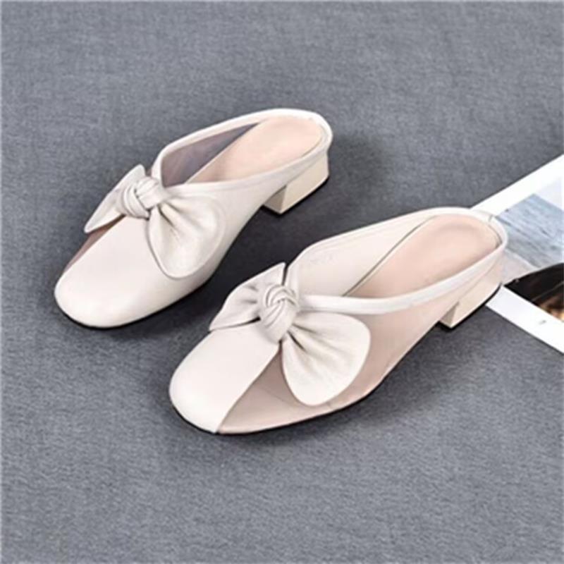 Spring low-heeled soft leather bag head cool slippers new casual outer thick-heeled single shoes