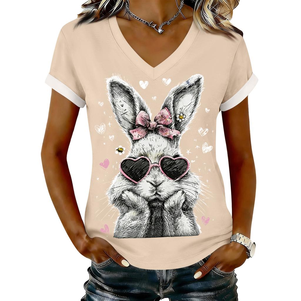Women's Casual Printed T-Shirt V Neck Pullover Short Sleeve Top