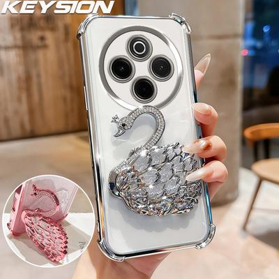 KEYSION Shockproof Plating Phone Case for IQOO Z10 5G Clear TPU Glitter Jewelled Swan Kickstand Back Cover for VIVO IQOO Z10 5G