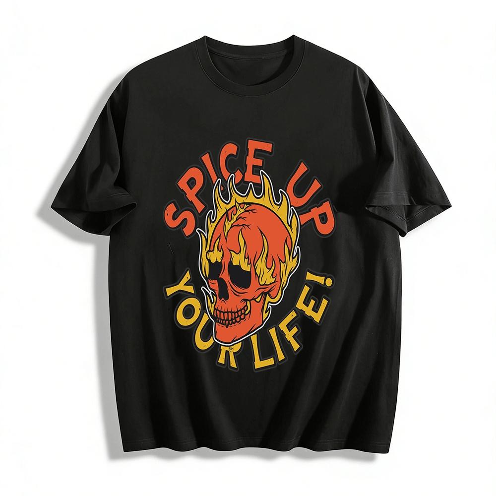 Spice Up Your Life Flame Skull Graphic Casual Tee Pure cotton T-shirt XXS