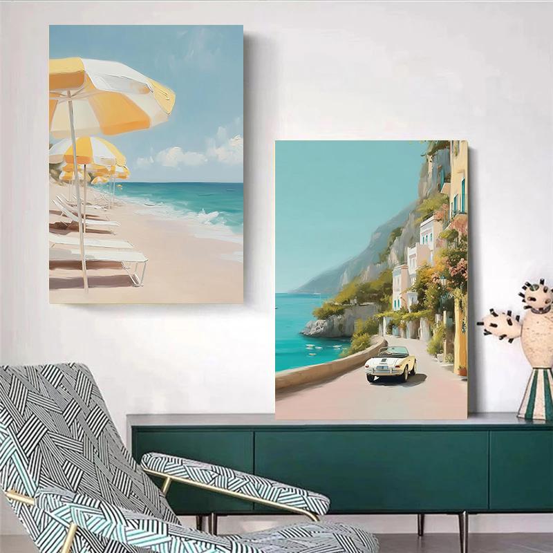 Dreamy Pastel Summer Beach Posters Woman Swimming Umbrella Sea Turtle Prints Canvas Painting Wall Picture Home Living Room Decor