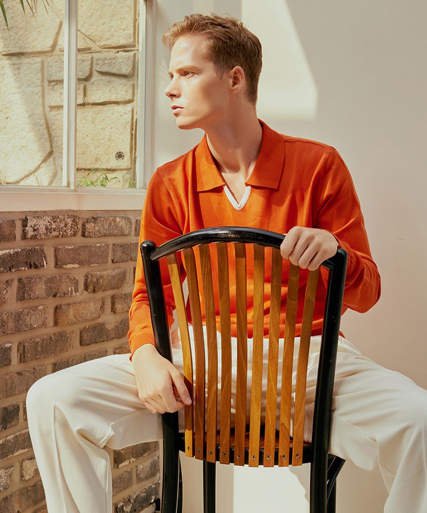 DEVERRMAN V-Neck Contrast Polo Knit (Orange)