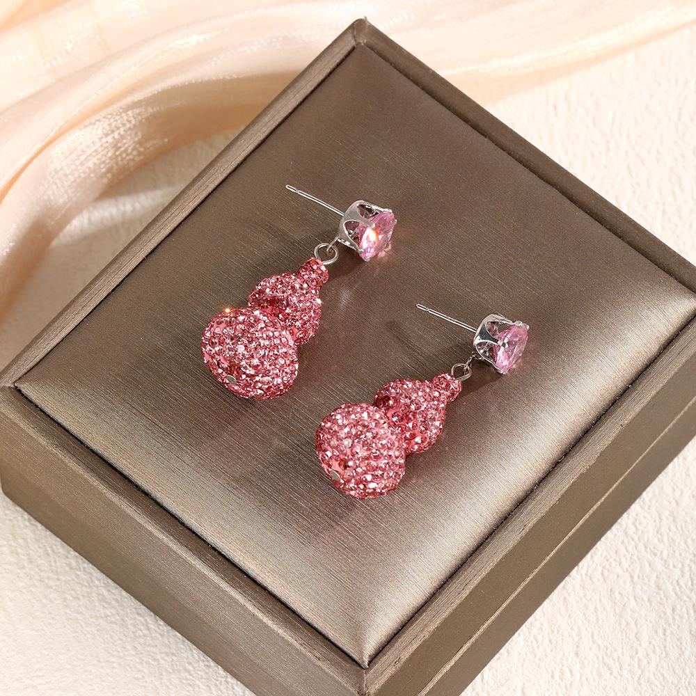 Silver Needle Light Luxury Delicate Premium Earrings Cute Pink Diamond Gourd Stud Earrings Personality Sweet Creative Fashion Earrings