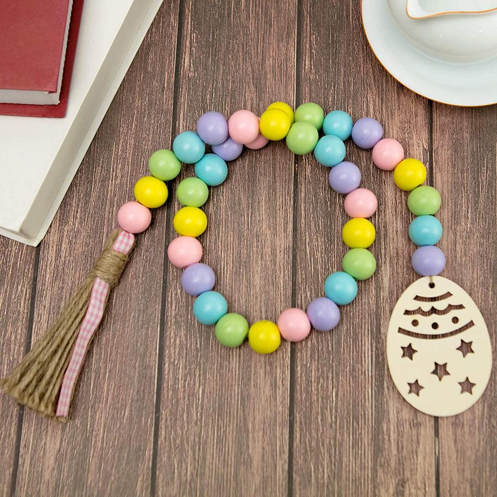 Easter Wood Bead Garland with Tassels Boho Wood Bead String 2.78-Feet with Easter Egg Cutout Farmhouse Rustic Country Wall Hanging Easter Home Decor