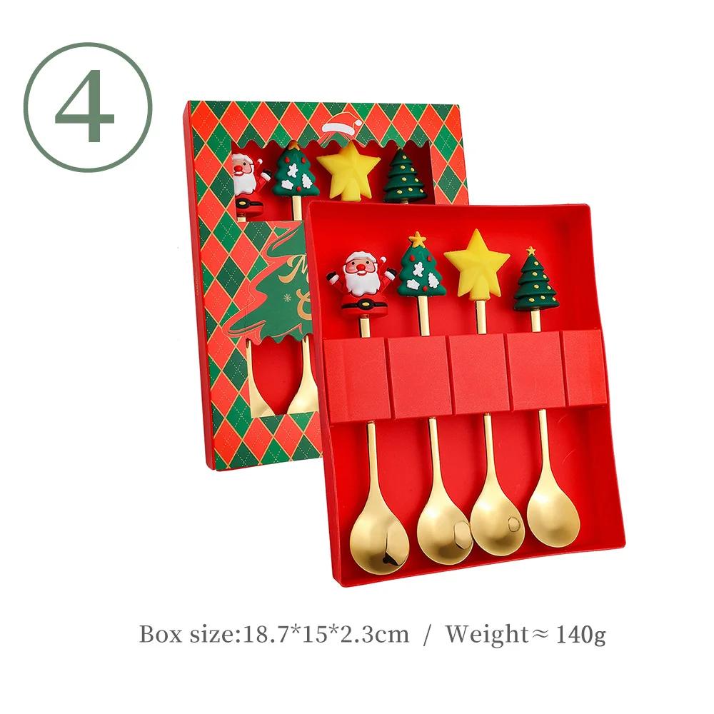 Christmas Table Decor 4-Piece Stainless Steel Cutlery Set with Spoon and Fork, Elk and Xmas Tree Design, Holiday Home Decoration and New Year Navidad