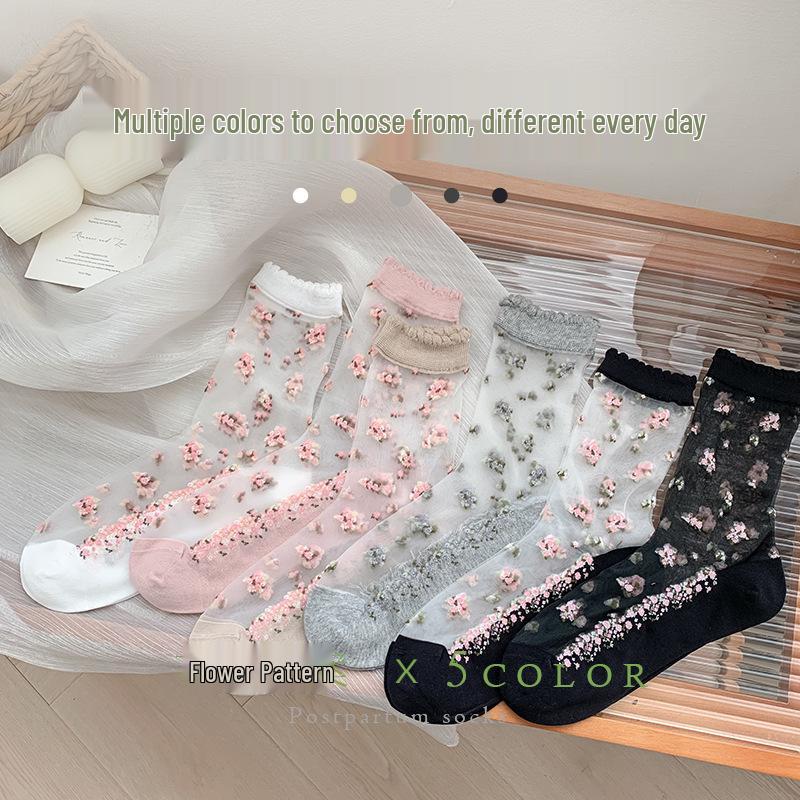 Spring/Summer Floral Lace Mid-Calf Socks - Women's Thin, Anti-Snag, Breathable, Transparent Cotton with Small Flower Design.