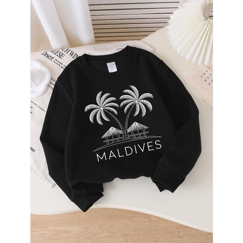 European Sizes Kids' Crewneck Sweatshirt Palm Trees Hut Island Maldives , Sportswear And Casual Wear, Soft And Comfortable, Children's Clothing