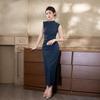 Cheongsam sem mangas xadrez azul marinho feminino 1011 verão novo novo chinês slim longo retro temperamento vestido