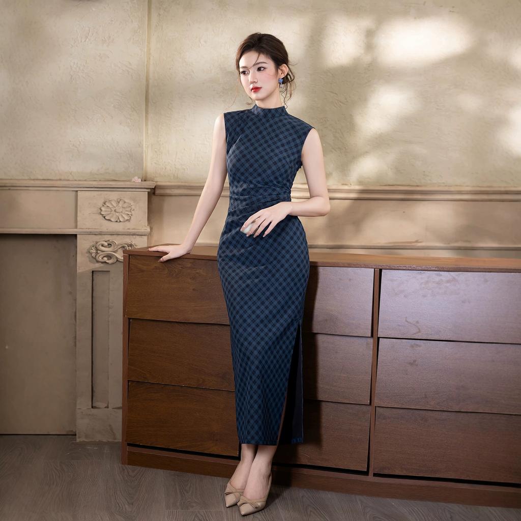 Cheongsam sem mangas xadrez azul marinho feminino 1011 verão novo novo chinês slim longo retro temperamento vestido