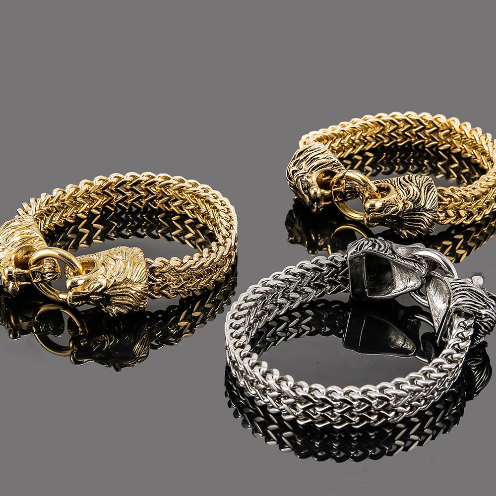 Cool Lion Head Bracelet for Men Figaro Link Chain Mens Cuff Bracelets Heavy Solid Stainless Steel Male Jewelry Bangles