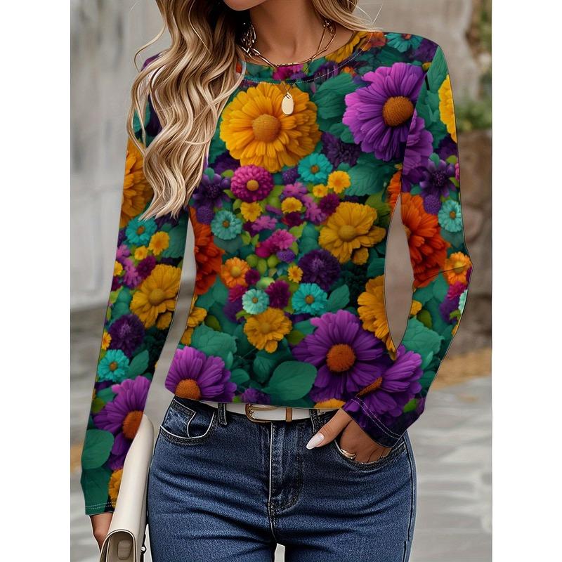 Round Neck 3D Flower Printed Top Casual Long Sleeved Women's T-shirts - Soft Medium Stretch Polyester Fabric Spring and Autumn Relaxed Fit Clothing