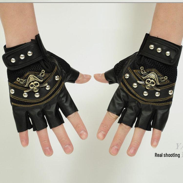 Men's Rivet Pirate Skull Half-Finger Leather Gloves for Autumn/Winter – Ideal for Mountaineering and Riding