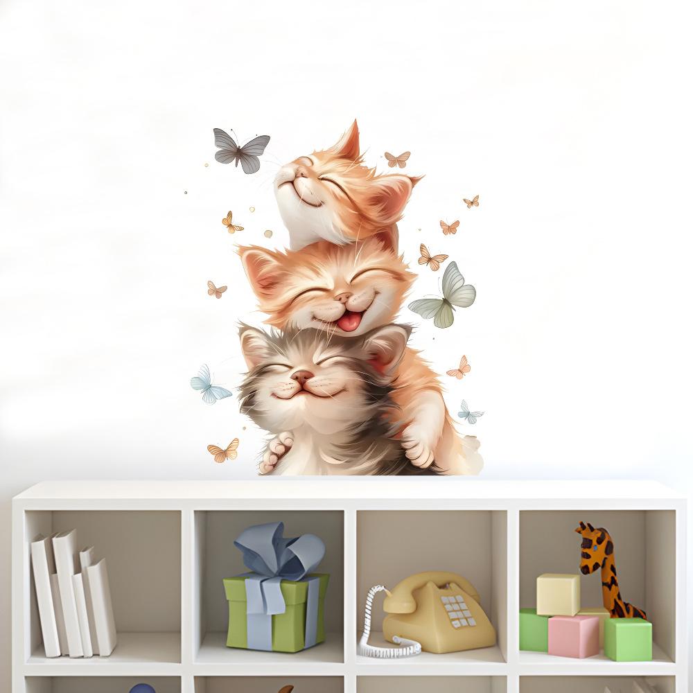 Self-adhesive Cartoon Cute Stacked Cats with Butterfly Wall Window Stickers for Kids Room Living Room Glass Decor