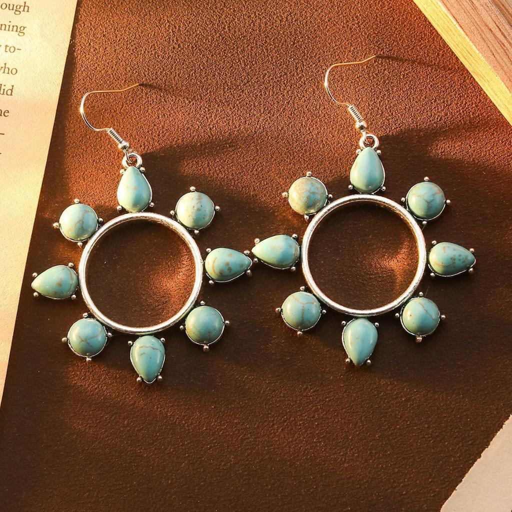 Earrings Bohemian Ethnic Style Earrings Diamond Turquoise Hollow Earrings Women'S Retro Versatile Earrings