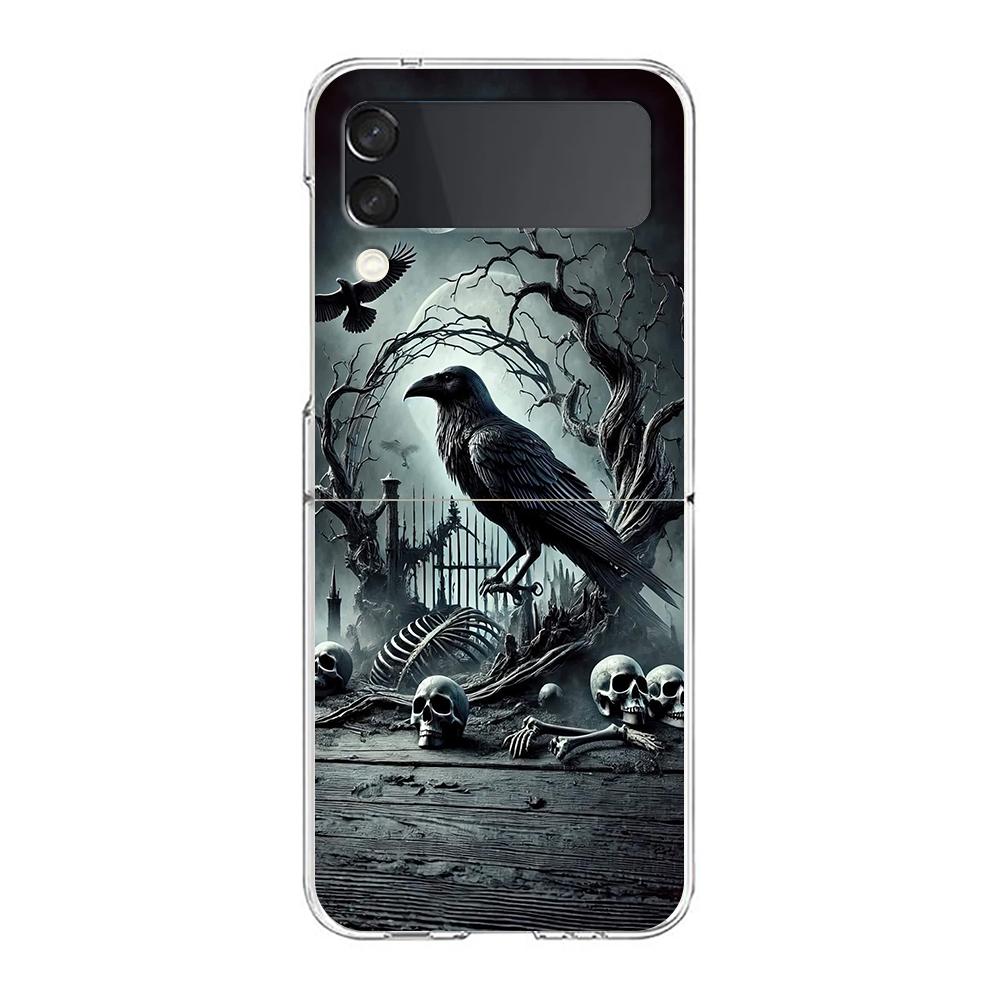 Phone Cover For Samsung Galaxy Z Flip 7 6 5 4 Case Transparent For Samsung Z Flip 3 Hard PC Foldable Shell Raven Crow Skull Bags