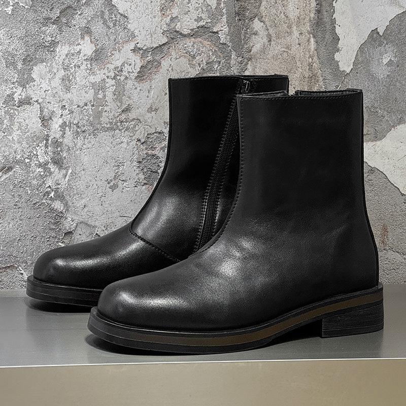 British Style Mens Casual Natural Leather Boots Square Toe Black Brown Shoes Cowboy High Boot Platform Motorcycle Chelsea Botas