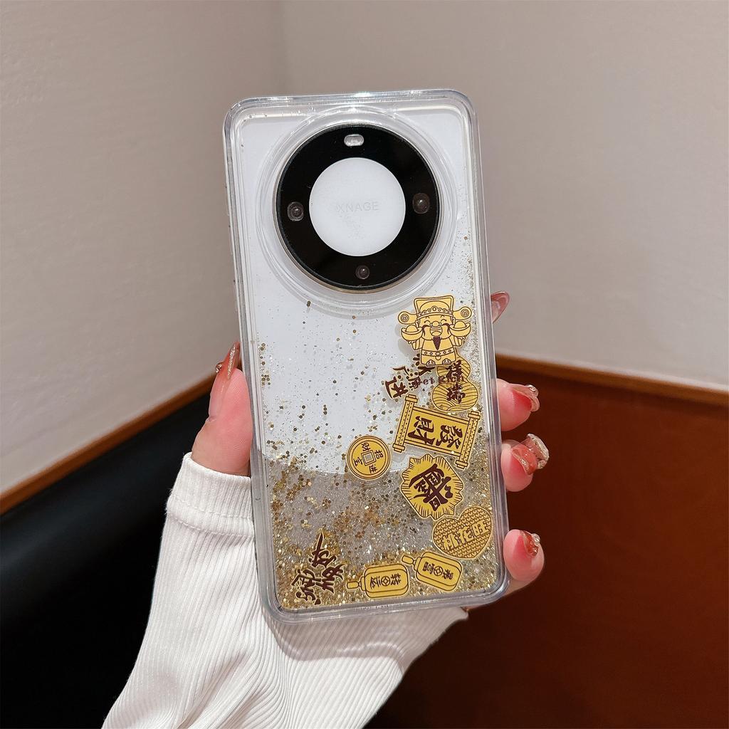 Applicable To Huawei Mate70pro Quicksand Gold Mobile Case New Year God of Wealth Mate60PRO Transparent Anti-fall Protection Case