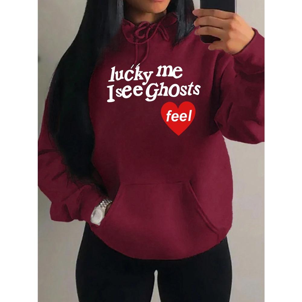 Glücklich ich sehe Geister Kunst Buchstabenmuster Damen Hoodie Herbst Mehrfarbig Hoodies Streetwear Fleece Tasche Kapuzenpullover