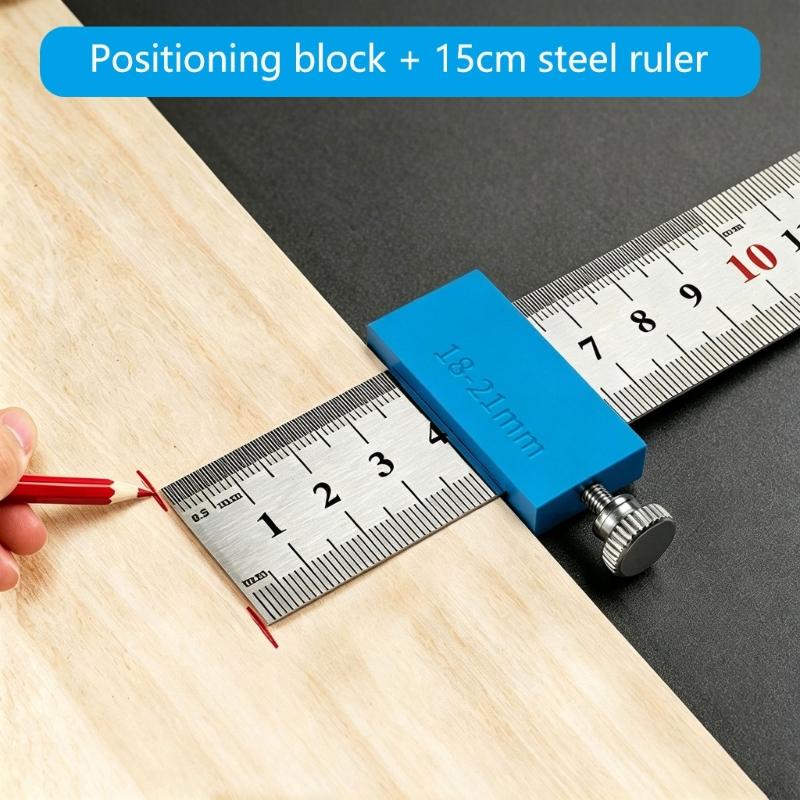 Woodworking Ruler Marking Guide with Thumb Lock Block and Steel Ruler for Repeat Line Layout and Furniture Drafting