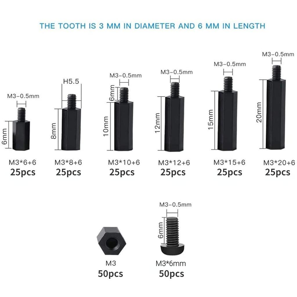 Walfront 250PCS Nylon M3 Hex Male Standoff Spacer Screw Nut Assortment Kit (M3 Male Standoff A) Black