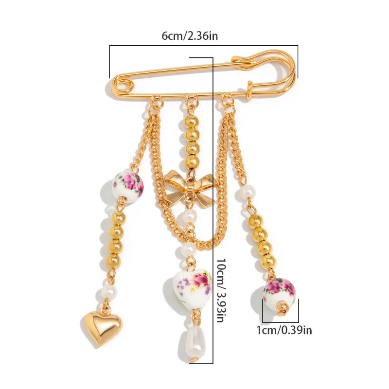 Fashionable Bow Love Heart Pendant Tassel Metal Chain Pearl Brooch Pin Sweater Collar Clip Brooch Jewelry