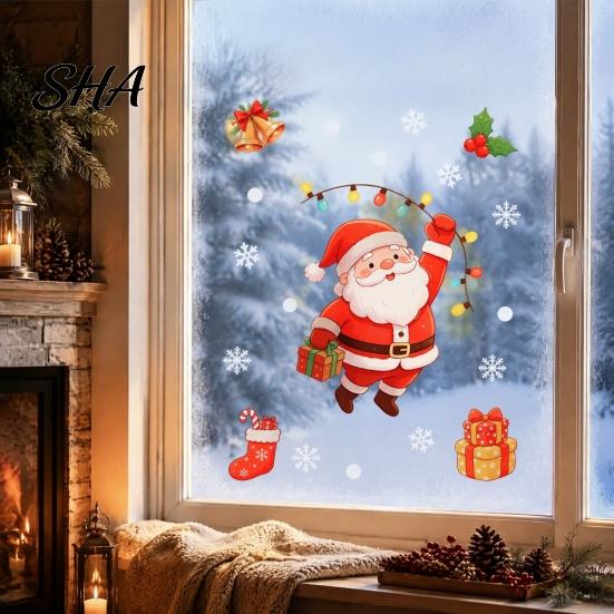Decorative Glass Stickers for Bathroom Santa Claus Christmas Static Window Clings, with Snowflake Bear Festive Atmosphere Decorations Home Bell