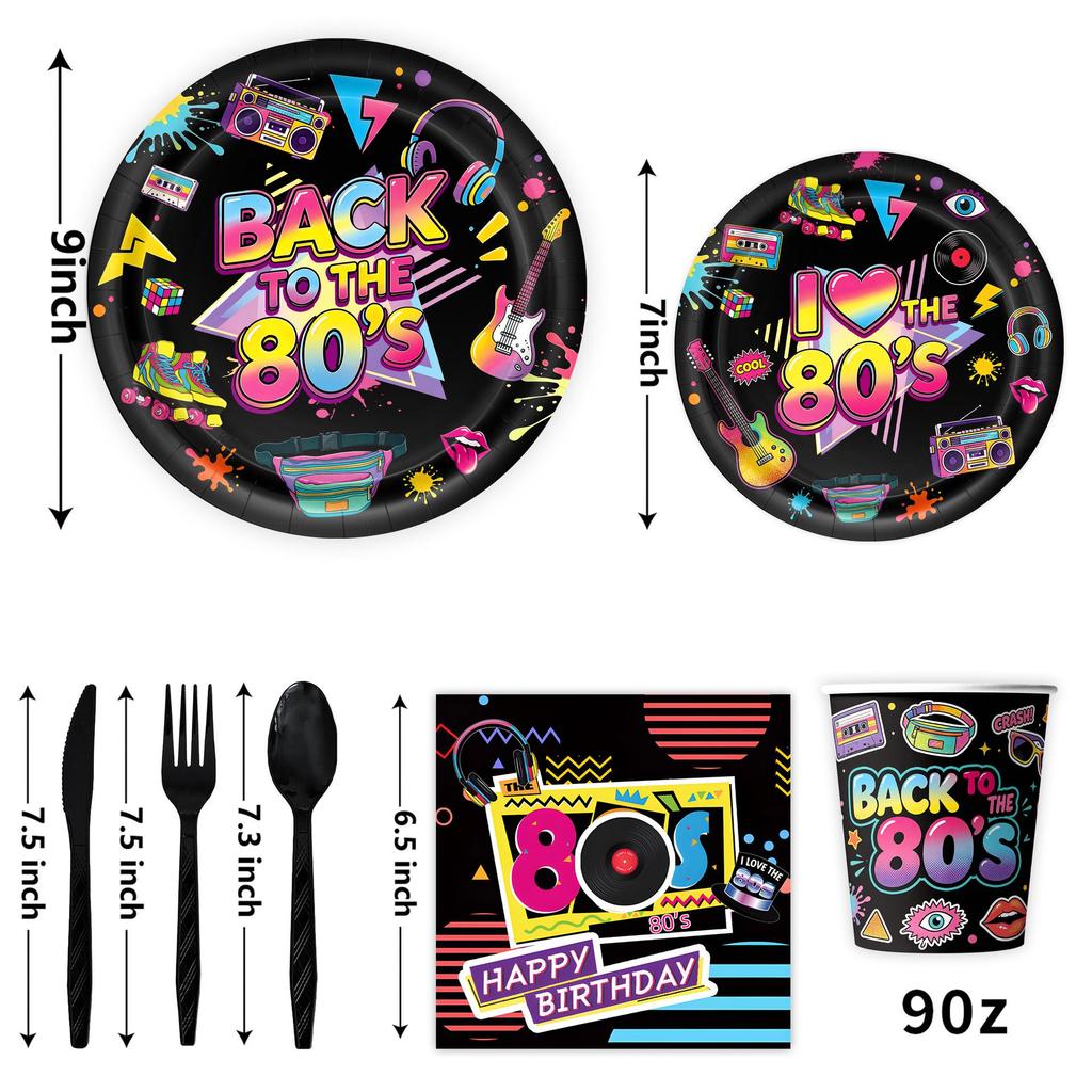 80s Retro Party Decorations: Flags, Plates, Cups, Napkins, Tablecloth