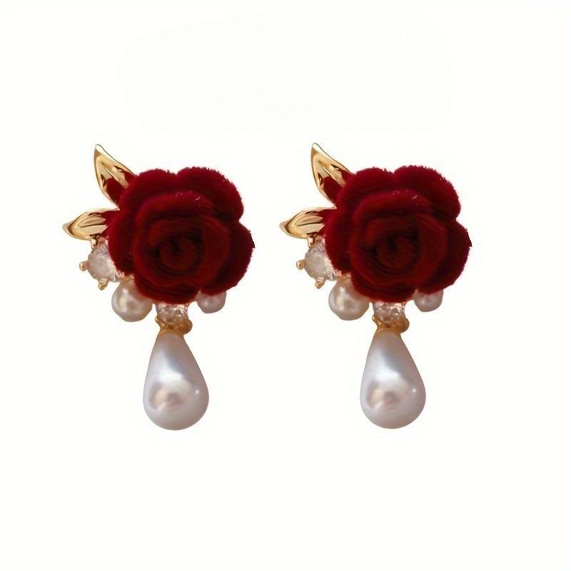 1Pair Red Rose Flower Imitation Pearl Zircon Earrings Niche Vintage Stud Earrings Premium Sense Ear Jewelry