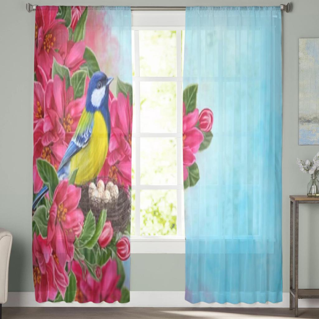 Yellow Bird Sakura Branch Sheer Curtains For Living Room Window Transparent Voile Tulle Curtain Bedroom Drapes Home Decor