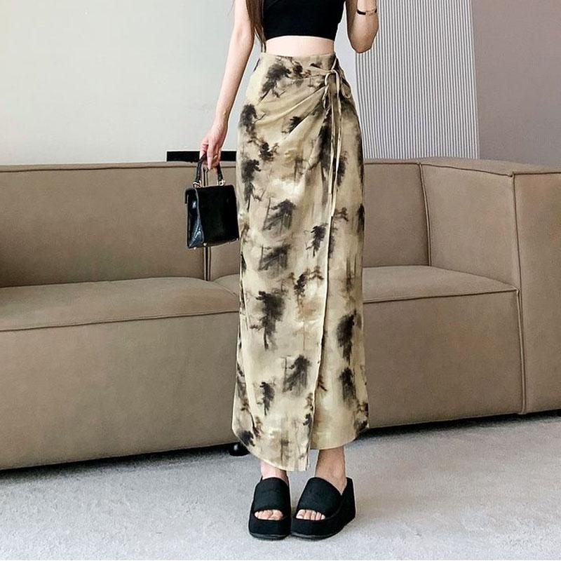 Fashion Drawstring Bag Hip Long Skirts Chinese Style Ink Paint Women's Summer Vintage High Waist Chic Irregular Split Skirts