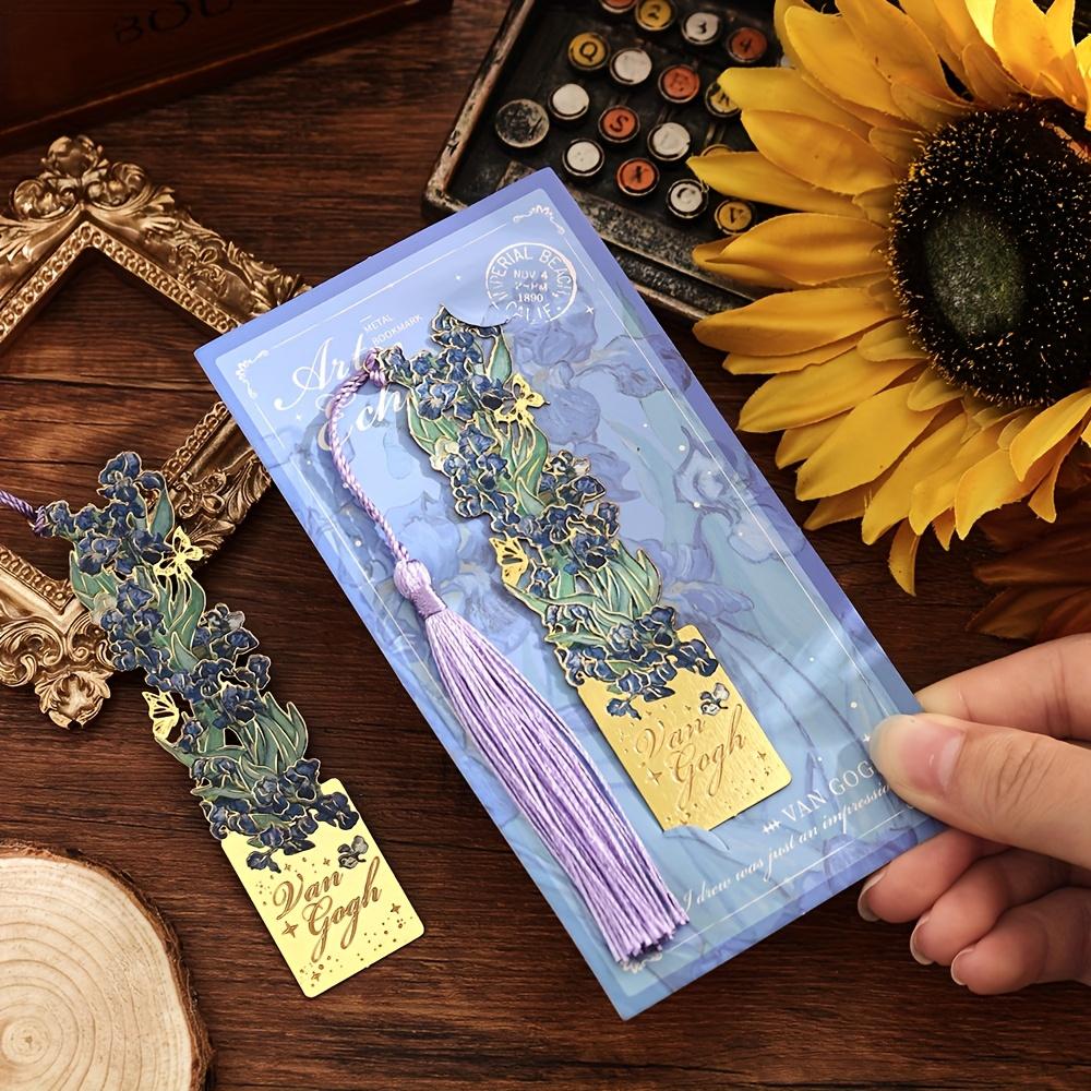 1pc Van Gogh Inspired Golden Hollow Metal Bookmark Artistic Oil Painting Design with Tassel, 8 Unique Window Shapes for Book Lovers