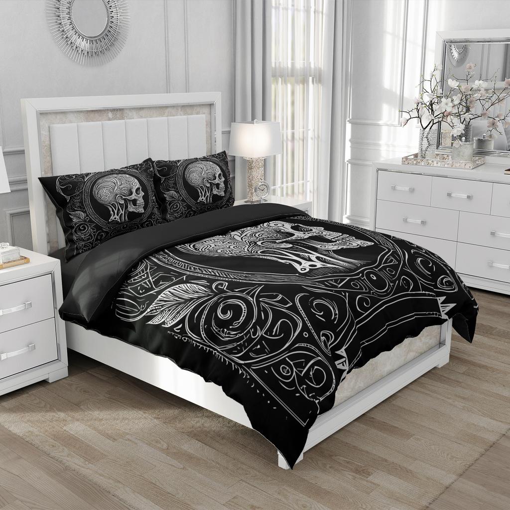 Skull Bedding Set Twin 140x200cm - Vintage Baroque Halloween Duvet Cover 2/3PCS, Luxury Skeleton Comforter cover,Gothic Bed Set