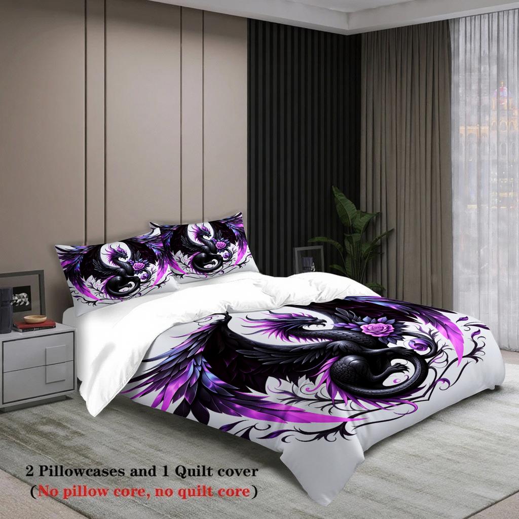 3pcs Dragon And Rose Bedding Sets 3D Printed Purple Black Dragon Pattern Duvet Cover Sets With Pillowcases No Filling