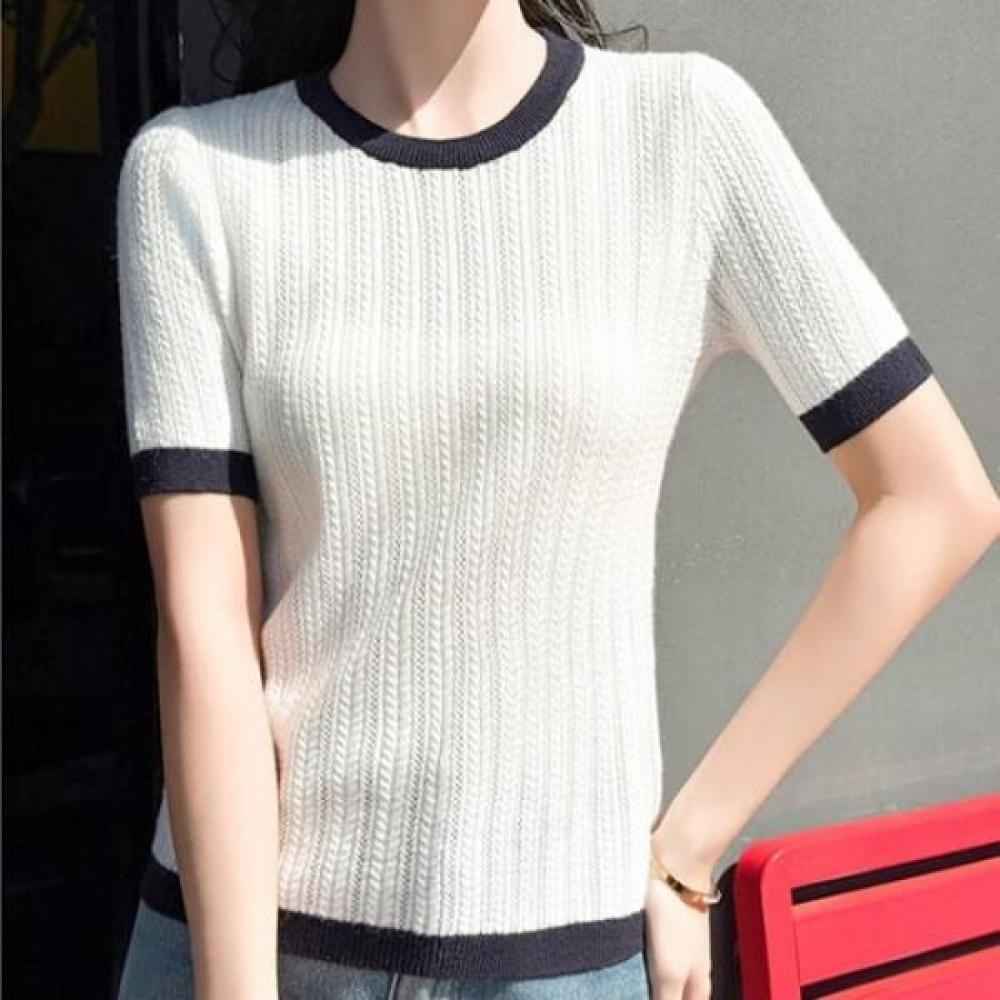Navava Women Cable Color Round Neck ShorT Sleeve KniT T shirT Nk2926