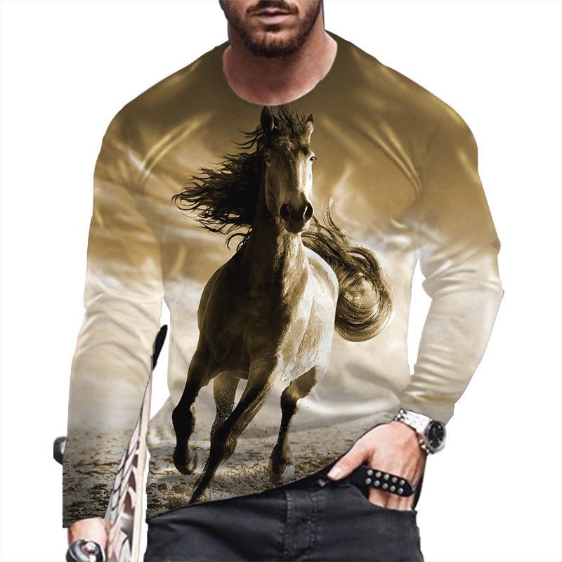 Spring and Autumn Round Neck Horse 3D Printed Top Fashionable Casual Long Sleeved Men's T-shirts
