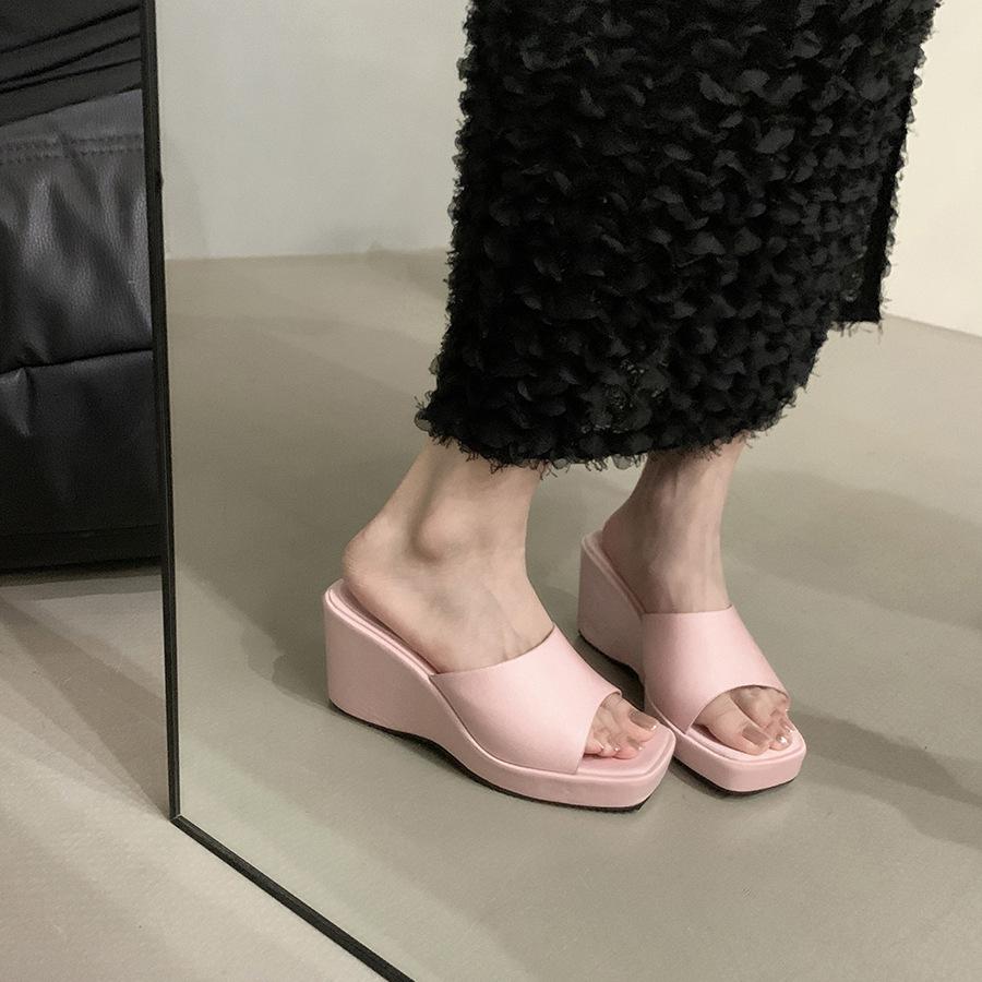 Pink high heels one-word cool slippers fairy shoes wear new wedge heel temperament sandals