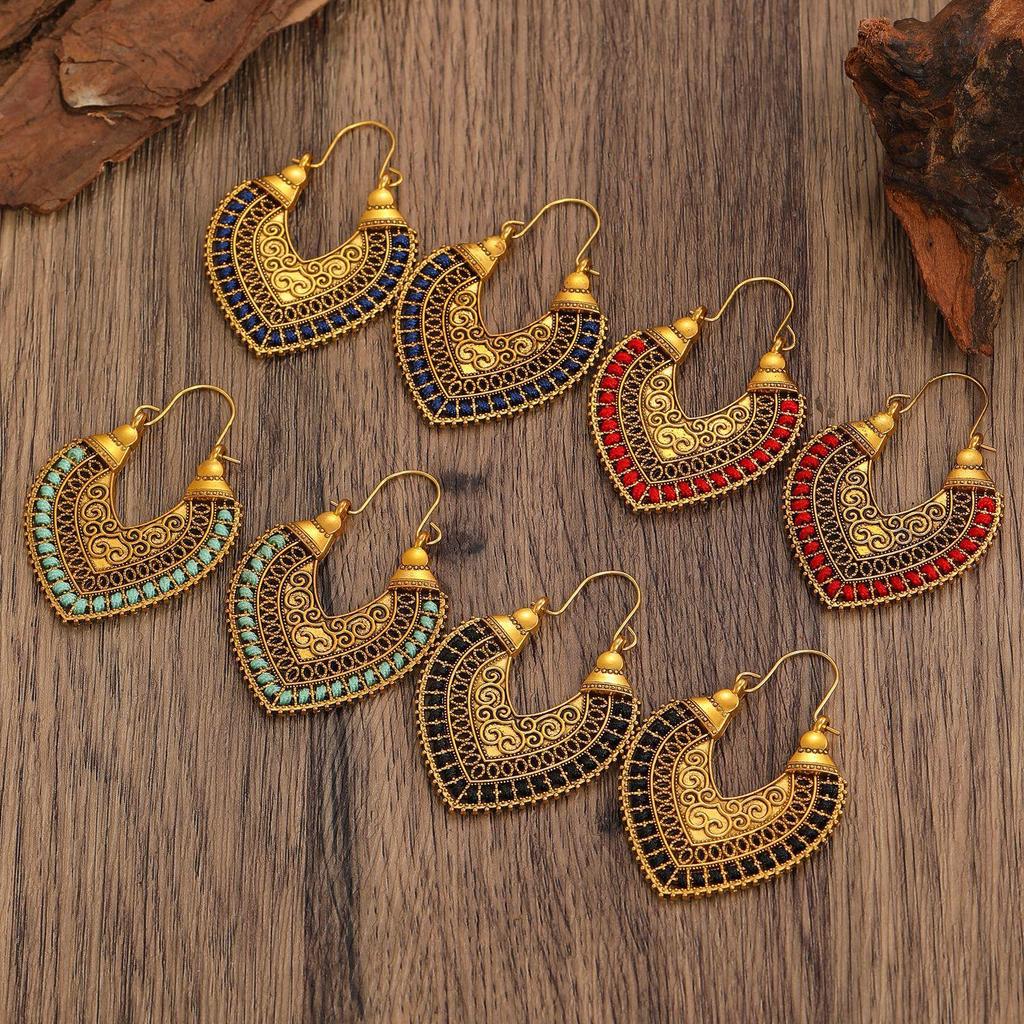 Bohemian Carved Hollow Heart & Geometric Semicircle Earrings