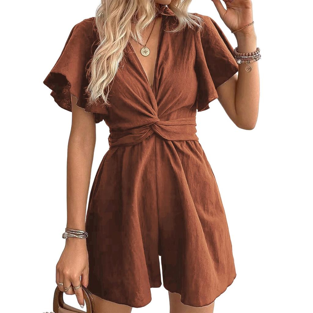 Women's Casual V-Neck Solid Color Flared Sleeve Dress Pants