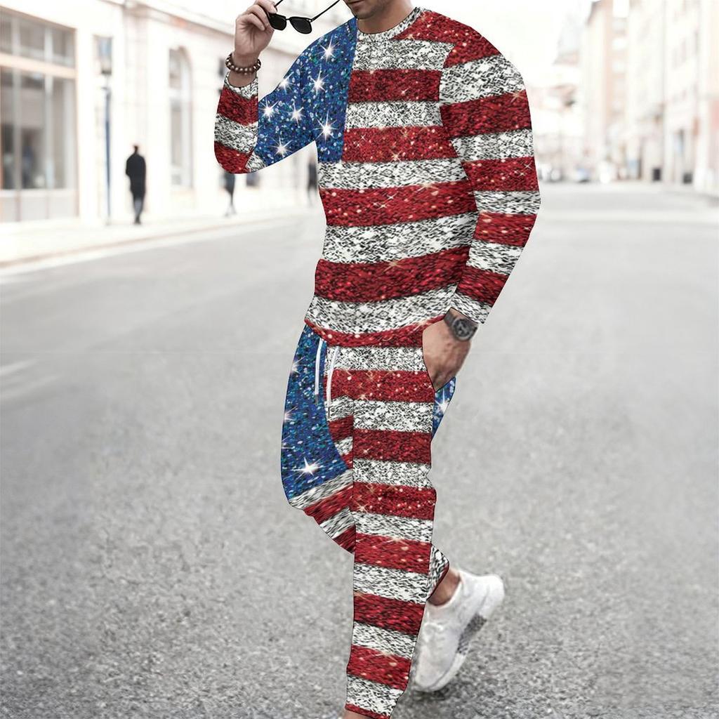 Men Vintage Star Stripe Print Long Sleeve Sweatshirt Drawstring Cuffed Jogger Pants Two Piece Streetwear Suit