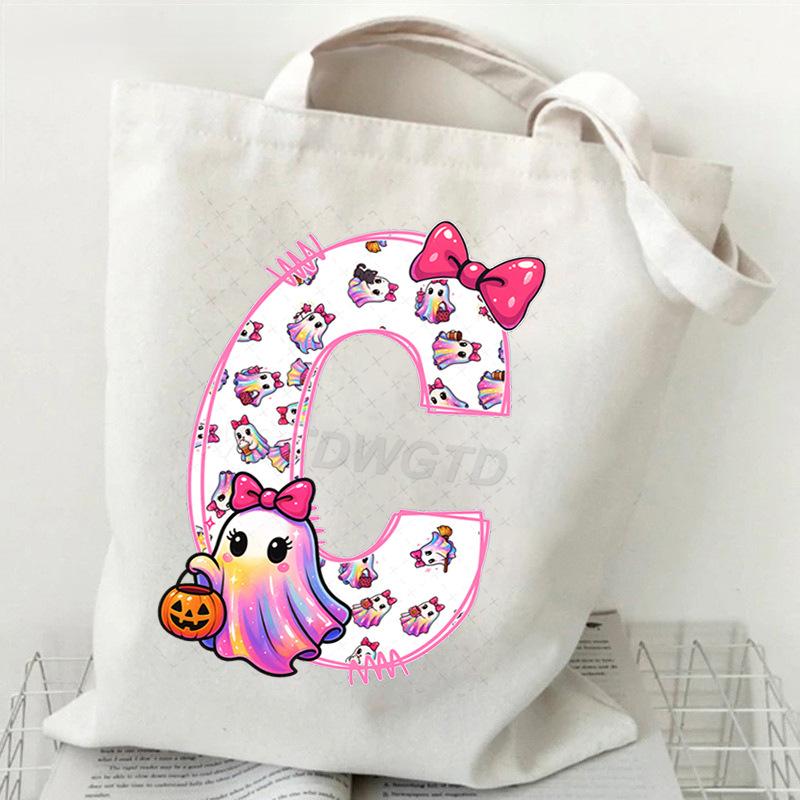 Halloween personalized print student canvas bag tutoring bag 26 letters fashion shoulder bag women large capacity