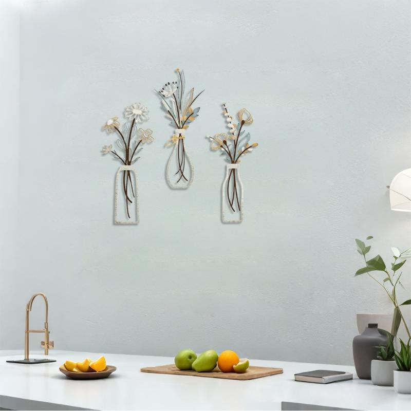 Set of 3 Metal Floral Wall Hangings Minimalists Flower Vases Line Art Wall Decors Sculptures for Living Room and Bedroom