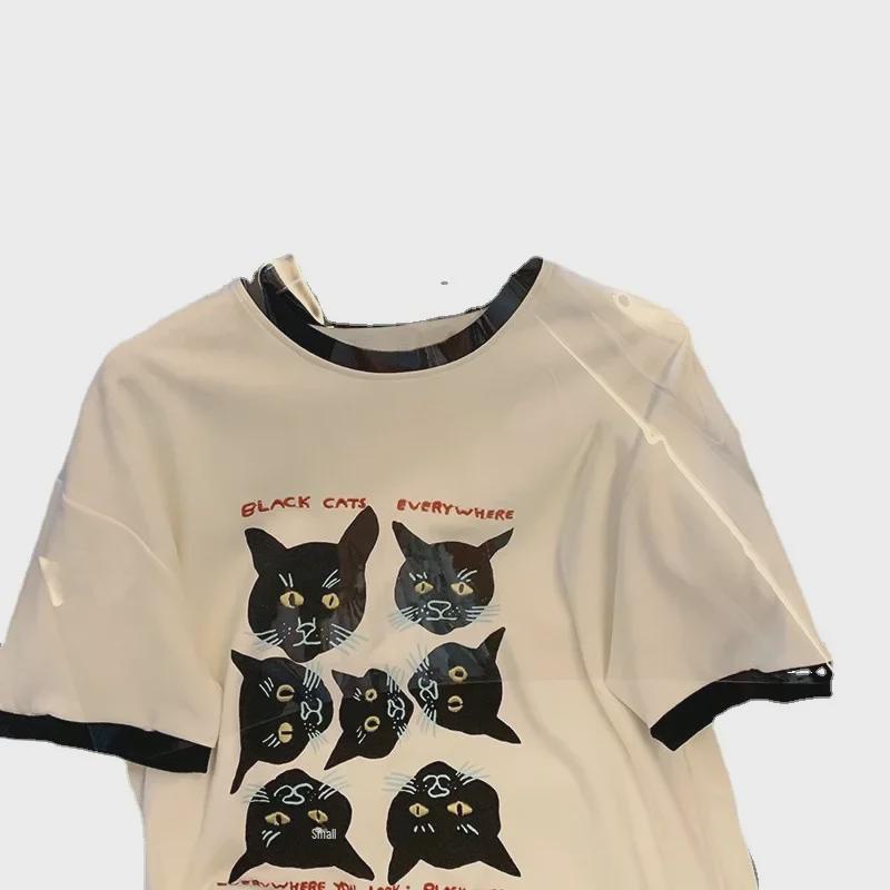 Dámské letní 2024 volné tričko s potiskem kreslené kočky - Čistá bavlna, kontrastní límec, ležérní top s krátkým rukávem