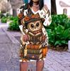 Women Plus Size V Neck Long Sleeve White Printed Straight Dress Cute Witch Raccoon Pumpkin Pattern