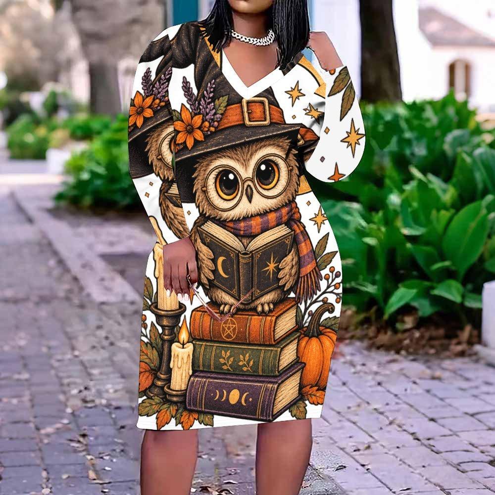 Women Plus Size V Neck Long Sleeve White Printed Straight Dress Cute Witch Raccoon Pumpkin Pattern