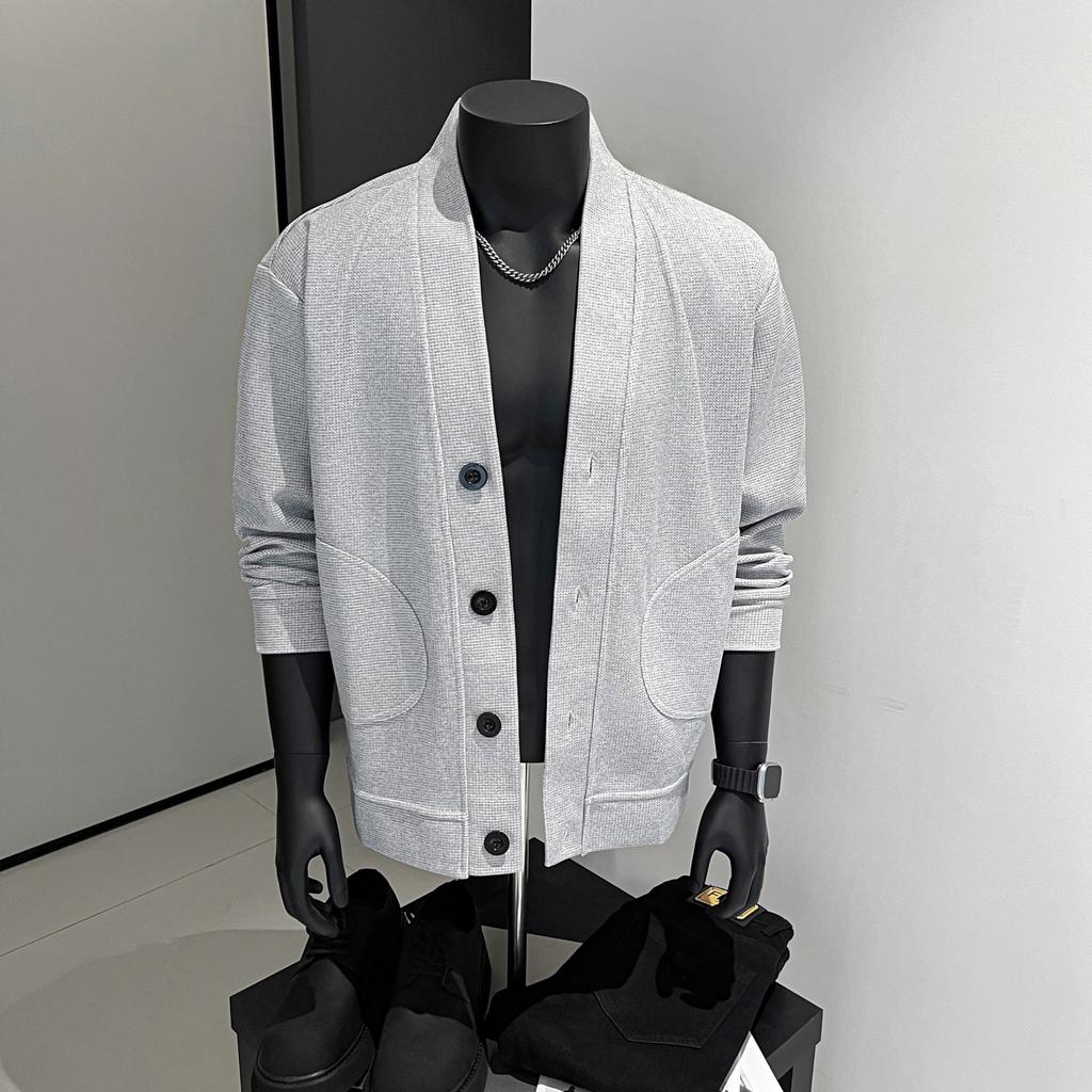 Simple fashion V-neck sweater men's 2025 new fashion men's waffle retro knitting