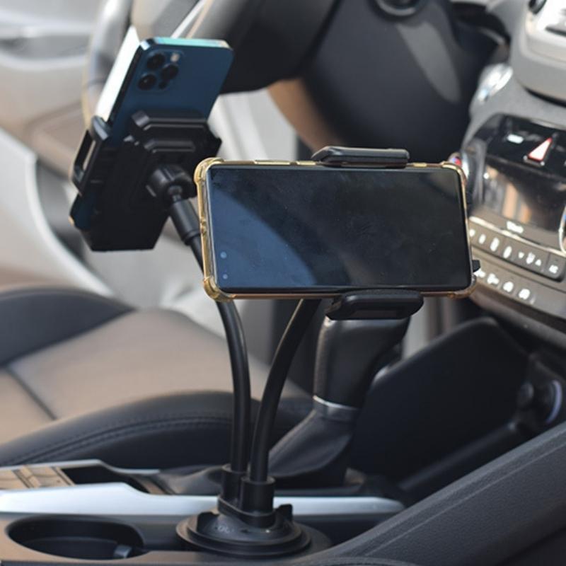 Dual Clamp Car Cup Phone Mount, Flexible Gooseneck 360°Rotatable Bracket Holds Two Smartphones, Universal Auto Cup Slot Stand