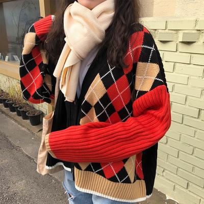 Veste Cardigan tricotée ample pour femme, haut en diamant, couleur contrastée, pull
