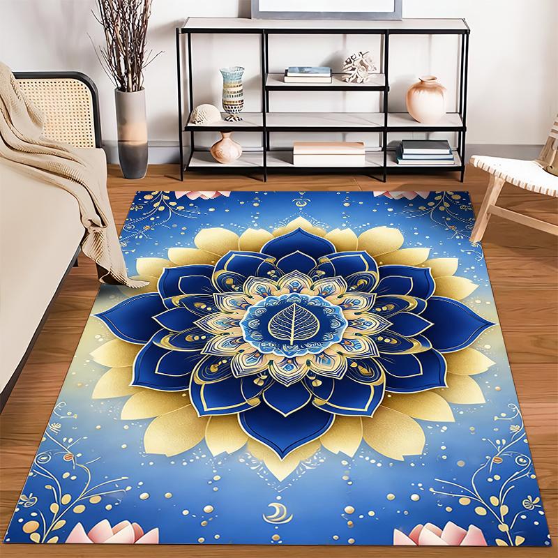 Blue and Gold Mandala Carpet with Lotus Motifs, Modern Boho Decor Suitable for use as an anti-slip for living room bedroom sofas