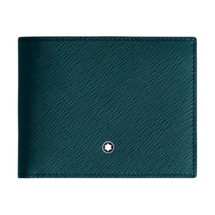 Montblanc Sartorial Hexagonal White Star Logo Flap Wallet With Six Card Slots Grain Leather Men wallet Cyprus-Blue 198870 Basic Set (Bag+Dust Bag)