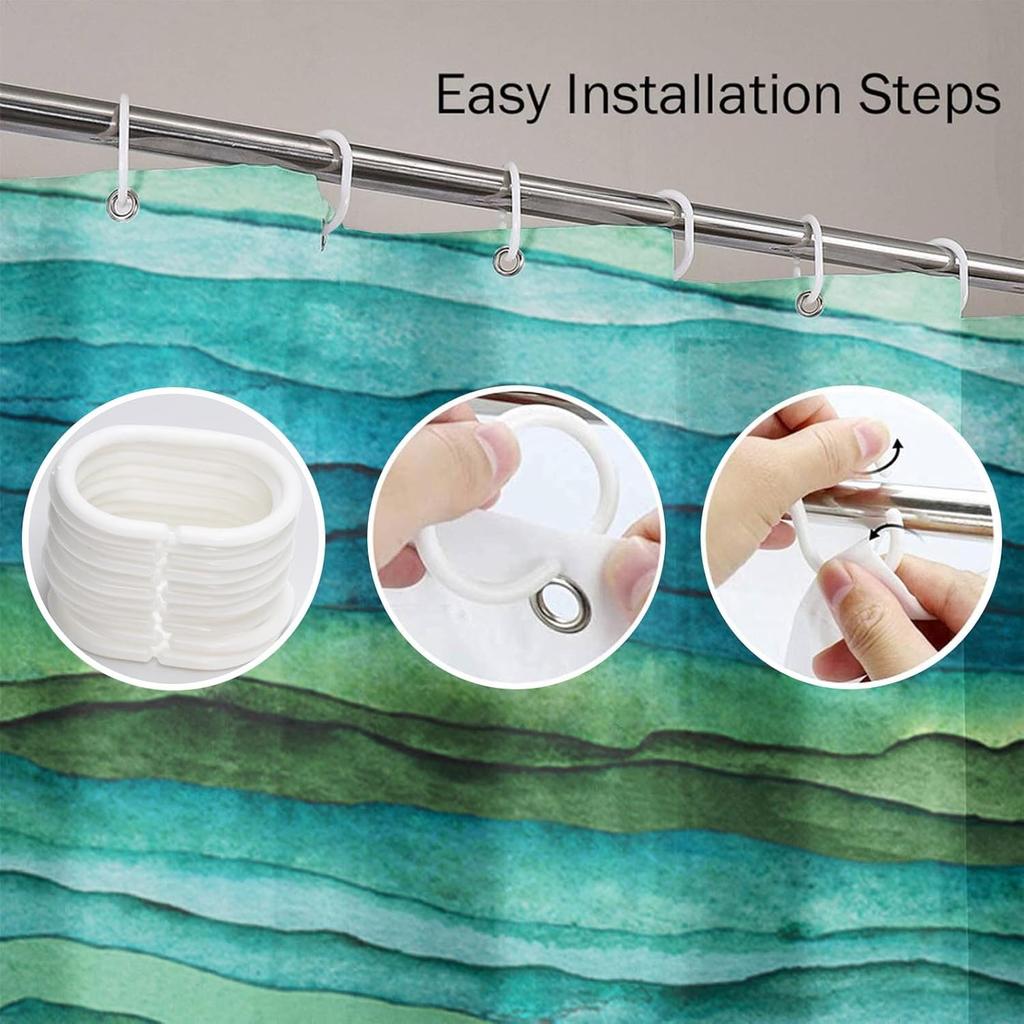 Shower Curtain Abstract Bright Blue And Green Waves Stripped Watercolor Brush Drawn Waterproof Polyester Fabric Set With